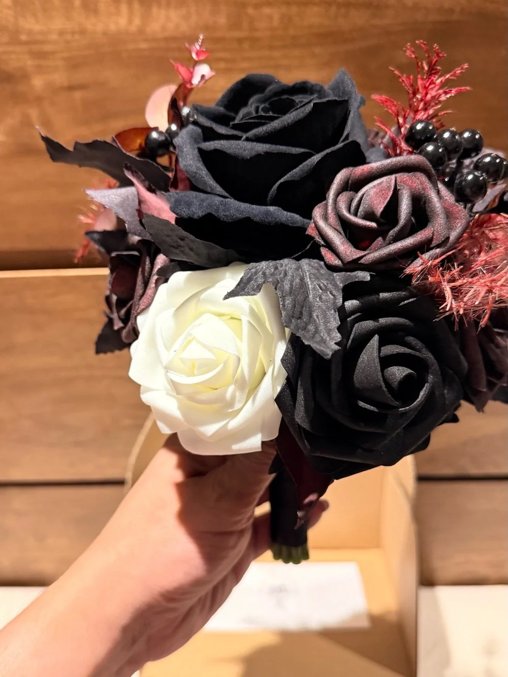 Ling's Moment Artificial Burgundy & Black Gothic Bouquet 7”